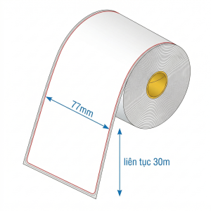 Decal nhiệt liên tục 77mm x 30m là loại giấy decal nhiệt trực tiếp không bế tem — cuộn liên tục 30m, khổ 77mm, bế sẵn biên 2mm hai cạnh giúp dễ lột dán mà không rách mép.