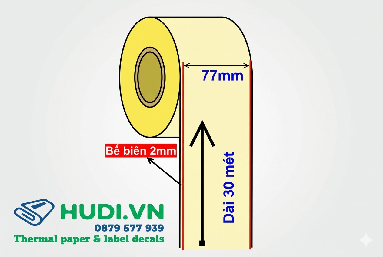 decal-nhiet-lien-tuc-77mm-30m-hudi decal nhiệt liên tục 77mm 30m in không mực tem nhãn giao hàng hudi.vn