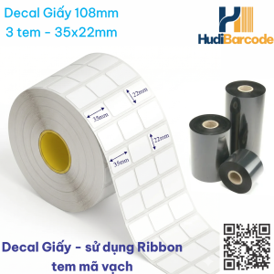 Decal giấy 35x22mm x 50m – ~6.000 tem, 3 tem/hàng, cần ribbon Wax Premium