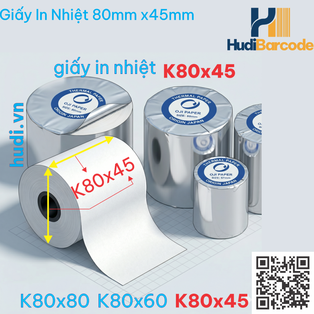 Giấy in nhiệt K80x45mm in bill máy POS 80mm hudi.vn Cuộn giấy in nhiệt K80×45mm – ~15m/cuộn, 70gsm
