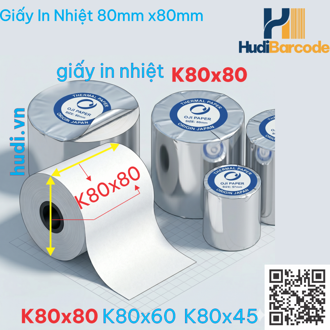 Giấy in nhiệt K80x80mm in bill POS siêu thị hudi.vn Cuộn giấy in nhiệt K80×80mm – ~52m/cuộn, 70gsm