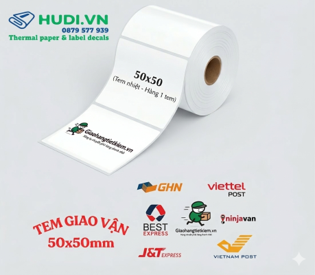 giấy decal nhiệt 1 tem 50x50mm 30m tem giao hàng GHTK Shopee hudi.vn