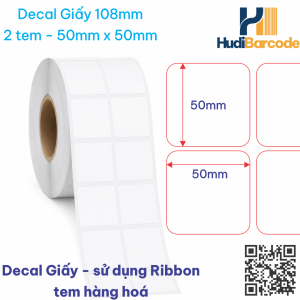 Cuộn decal giấy 50x50mm x 50m – ~1.880 tem, cần ribbon Wax