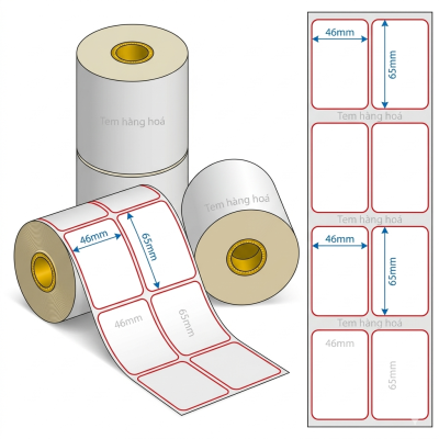 mẫu in decal giấy 2 tem 46x65mm nhiều thông tin dọc mã vạch QR code rõ nét