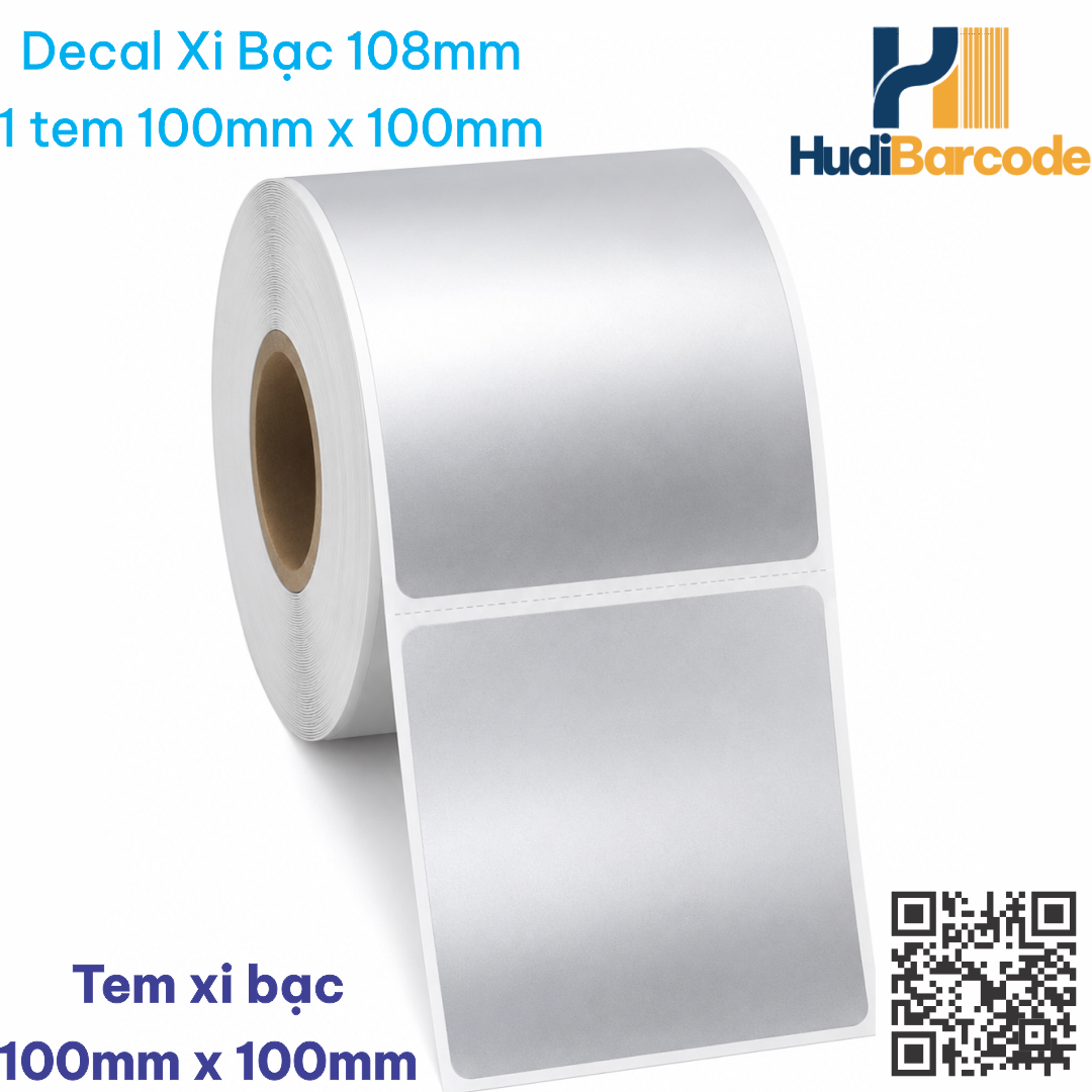 Chất liệu decal nhôm xi bạc 100x100mm bóng bạc chịu nhiệt hóa chất Ứng dụng: Tài sản thiết bị, bảo hành, điện tử, nhãn mác sang trọng – in tem nhãn bền, chịu môi trường công nghiệp