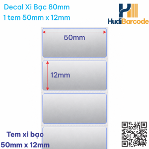 Cuộn decal xi bạc 50x12mm 1 tem/hàng x 50m – ~3.333 tem, chịu nhiệt hóa chất