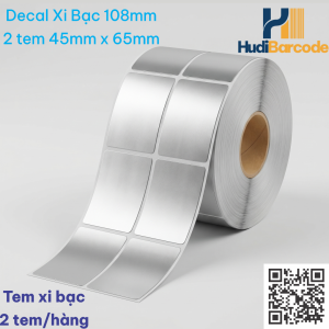 Cuộn decal xi bạc 45x65mm 2 tem/hàng x 50m – ~1.470 tem, chịu nhiệt hóa chất