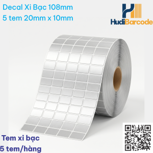 Cuộn decal xi bạc 20x10mm 5 tem/hàng x 50m – ~19.000 tem, chịu nhiệt hóa chất